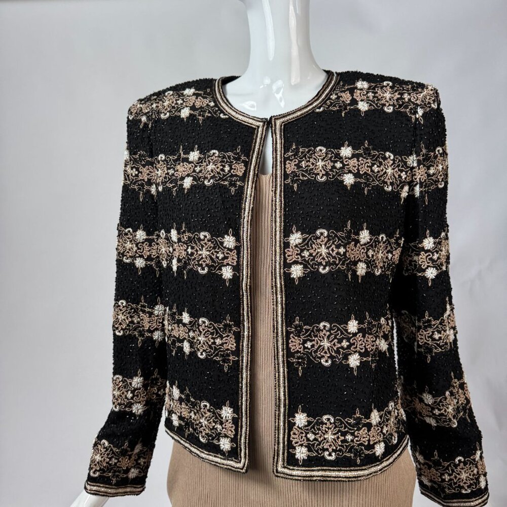 Vintage Niteline Silk Embellished Beaded Jacket M Black Gold Floral Design Open